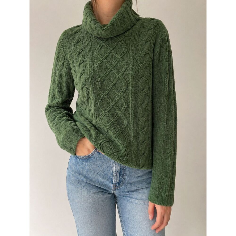 SML Sport Green Cable Knit Cowl Neck Sweater Cozy Chunky Knit Cottagecore Top M